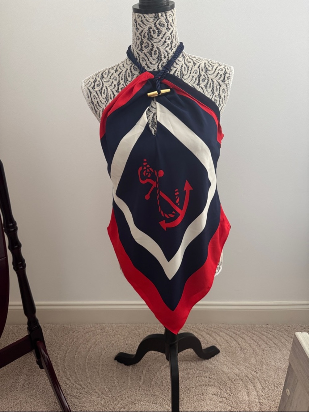 Ralph Lauren Nautical Anchor Print Scarf Top - Navy, Red & White